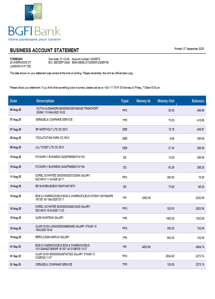 Relevé de compte cabinet bancaire BGFI Format Word et PDF